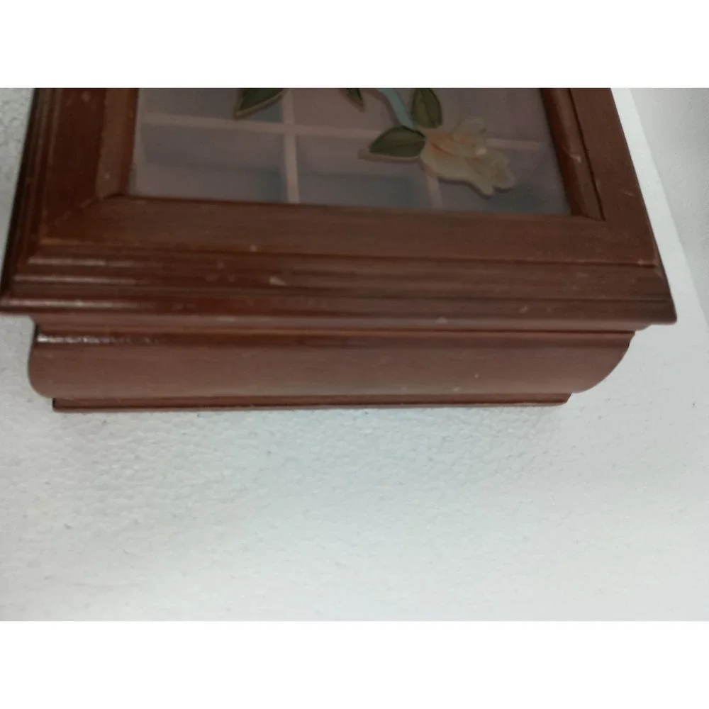 Vintage Mele Japan Solid Wood Jewelry Box Clear Glass Lid Painted Floral Design